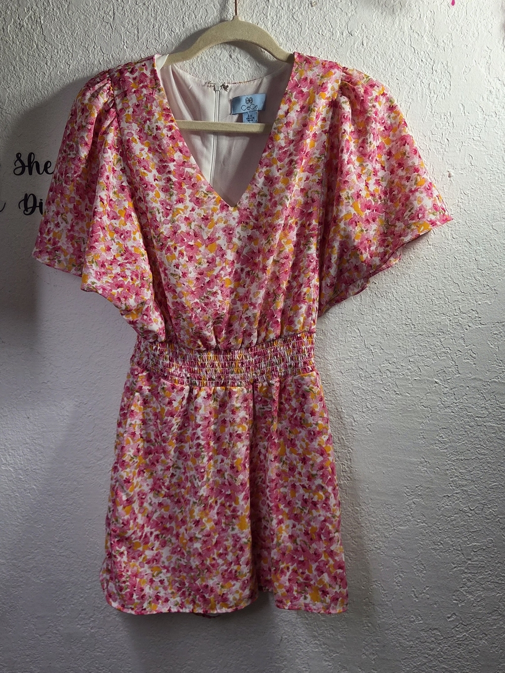 CeCe Pink Yellow Floral Smocked Waist Flutter Sleeve V-Neck Romper Size XXS